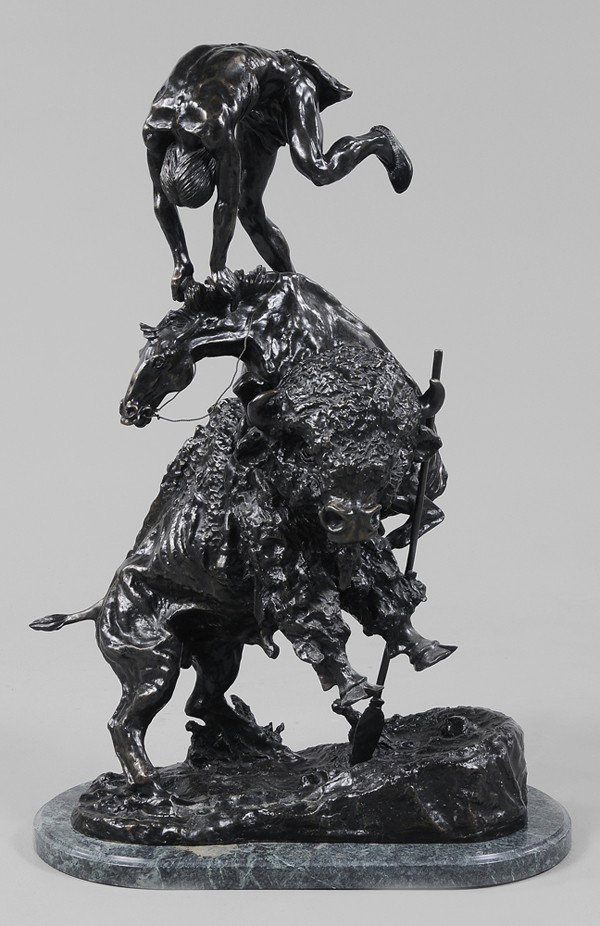 After Frederic Remington: "(New York, 1861-1905, 20th century aftercast) The Buffalo Horse, signed ""Frederic Remington 90/250"", patinated bronze with marble base, 35 x 23 x 14 in., good condition Provenance: Munyon & Sons, C