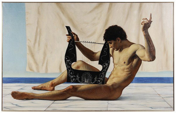 John Woodrow Kelley: "(Tennessee/New York, late 20th/early 21st century) Orpheus I, 1998, signed lower left ""Kelley"", oil on canvas, 44 x 70 in.; gilt wood lattice style frame, good condition, original stretcher and tac