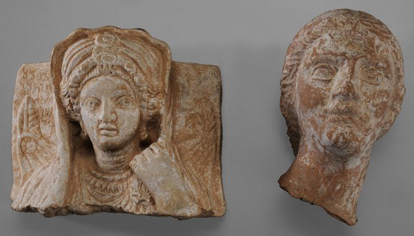 Two Ancient Sculptures: one Syrian (Palmyra), possibly 3rd century AD, limestone funerary relief portrait of a woman, 7-1/4 x 9 x 3-1/4 in.; one Greek, possibly 5th or 6th century BC, terracotta votive head, 7-3/4 in., [comp