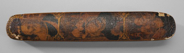 Qajar Lacquered [Papier-Mache] Pen: "Case ([Galamdan]) Persian, 19th century, top with portraits of Christian saints, churches in background, cartouches on sides with figures seated at table, other figures on horseback, sides of interio