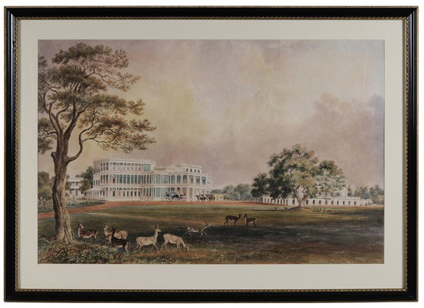 John Joseph Fonseca: "(British, 19th century) A Government House, Madras, India, signed ""J.J. Fonceca/Madras 1861"", watercolor on paper, 25 x 38-3/8 in.; black lacquer and gilt wood frame, light toning, stain in sky, no