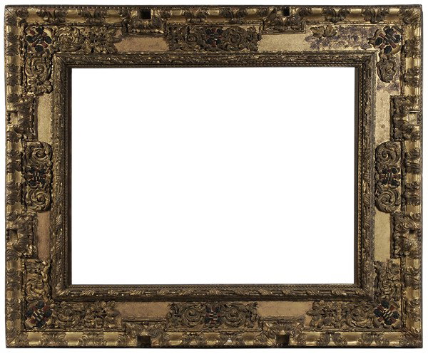 Fine Cassetta-Form "Spanish Herrerra": "Frame Italian or Spanish, 17th century, in trophy or Spanish Herrerra style with large bead course on broad fillet at outer edge, frieze with carved appliqués of coat-of-arms, shield within shields,