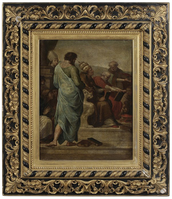 After Raphaello Sanzio: "(or Raphael, Italian, 1483-1520, an 18th century copy) Detail from The Dispute Over the Sacrament in the Vatican [(Disputa)], unsigned, oil on canvas, 18-1/4 x 14-1/4 in.; painted and gilt wood and c