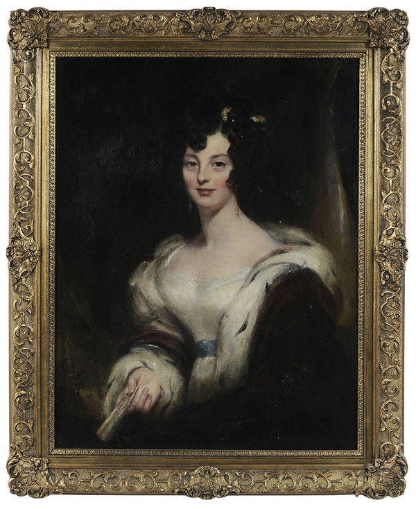 British School: "(early 19th century) Portrait of a Lady, with ermine-trimmed robe, unsigned, oil on canvas, 36 x 28 in.; 20th century gilt wood and composition frame, restretched on old stretcher, lined, some retouc