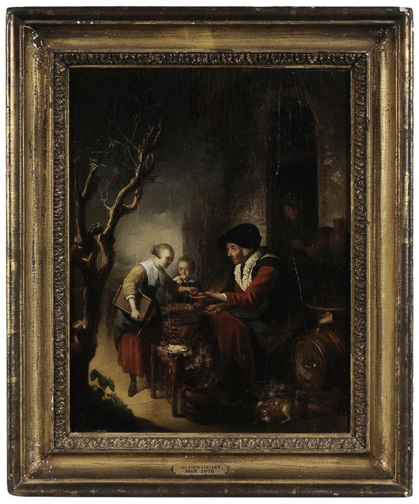Follower of Gerrit Dou: "(Gerard Douw, Dutch, 1613-1675) The Pancake Seller, after the original in the Uffizi Gallery, possibly a late 18th/early 19th century copy, oil on canvas, 17-1/2 x 13-5/8 in.; 19th century gilt wood 
