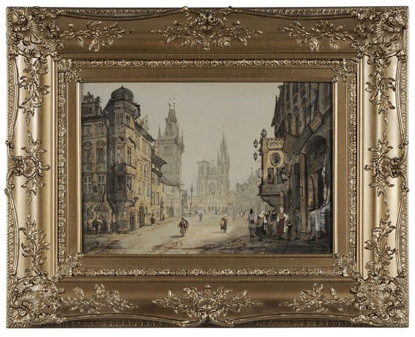German or Austrian School: "(19th century) City Square, possibly signed lower left ""Kurtzburg"", watercolor and ink on paper, 11-1/8 x 16-1/8 in.; gilt wood and composition frame, laid on card, foxing, toning; frame resurfaced