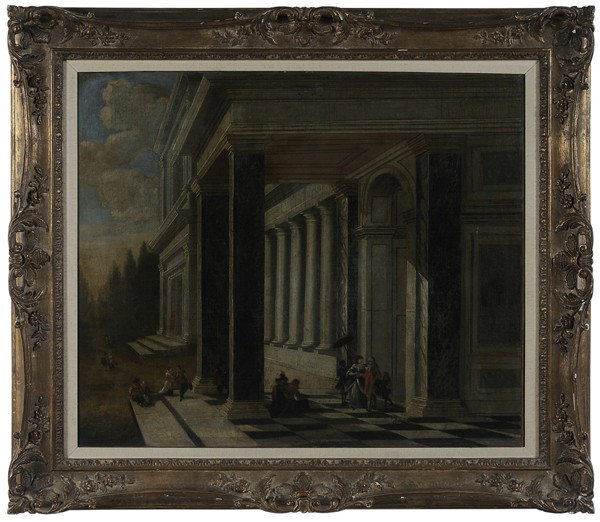 Italian School: "(18th century) Figures in a Loggia, unsigned, oil on canvas, 27-1/4 x 32-3/8 in.; 20th century gilt wood and composition frame, restretched, lined with paste and linen, two periods of restoration, re