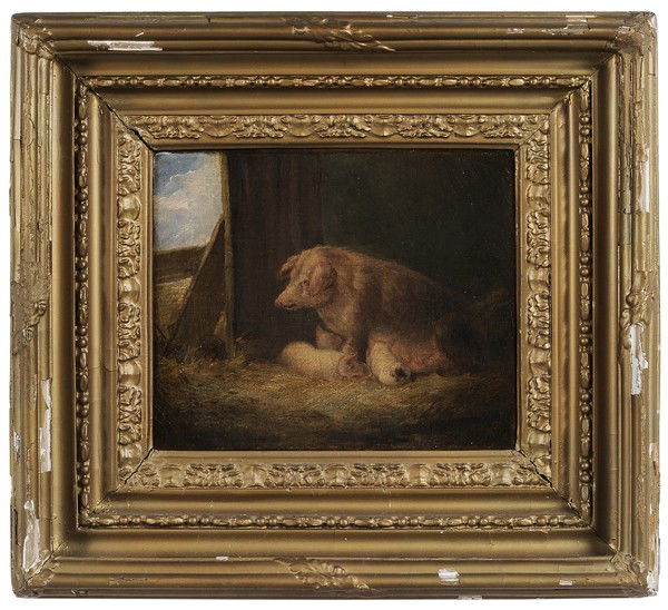 George Morland: "(British, 1763-1804) A Sow and Her Piglets, 1792, signed middle right ""G. Morland/1792"", oil on canvas, 8-3/4 x 10-1/2 in.; 19th century gilt wood and composition frame, restretched, lined, two per