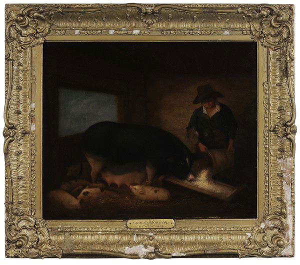 Attributed to George Morland: "(British, 1763-1804) Sow of the Improved Breeding Belonging to His Grace the Duke of Bedford, unsigned, oil on canvas, 19-7/8 x 24-1/8 in.; 19th century gilt wood and composition frame, restretched,