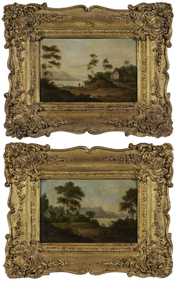 British School: "(19th century) Two landscapes, both with cottages by a river, unsigned, oil on panels, chalk inscription verso both ""Spiller"", each 3-3/4 x 5-5/8 in.; matching gilt wood and composition frames, yel