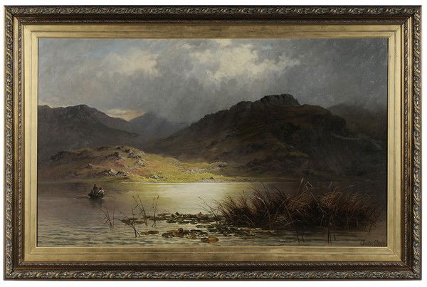 Charles Stuart: "(British, active 1854-1904) Highland Landscape With Figures in a Boat, signed lower right ""Charles Stuart 1886"", oil on canvas, 30-1/4 x 50-1/4 in.; 20th century gilt wood frame, original stretcher