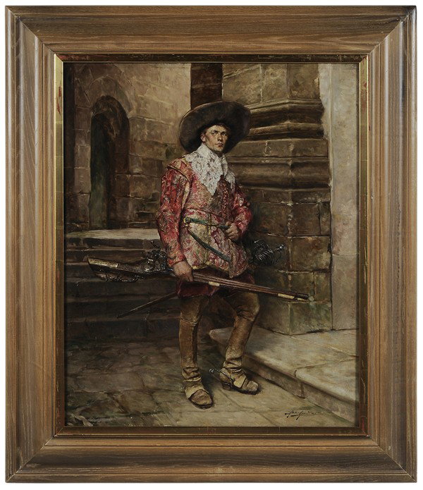 Alex de Andreis: "(British, 1880-1929) (Belgian, 1871-1939) On Guard, signed lower right ""A de Andreis"", oil on canvas, 31-7/8 x 25-3/4 in.; parcel gilt wood reverse-profile frame, original stretcher and tacking edg