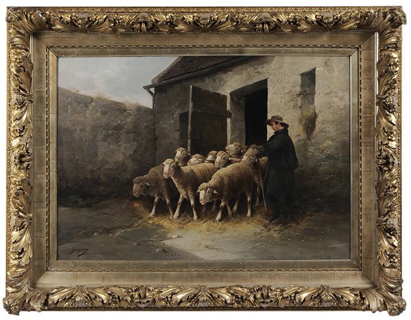 French School: "(early 20th century) Out of the Sheep Barn, 1901, signed lower left ""Jacquelies"", oil on canvas, original labels verso, one with inscribed title in English and French, one with date, 26 x 36-1/4 in