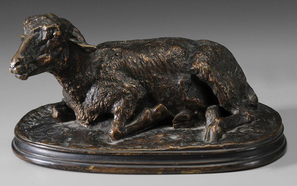 Pierre Jules Mène: "(French, 1810-1879), 19th century casting) [Brebis,] recumbent sheep, signed ""P.J. Mene"" and ""1865"", patinated bronze, 5-1/8 x 9-1/2 x 6 in., abrasions, brown to gold patination Provenance: Estat