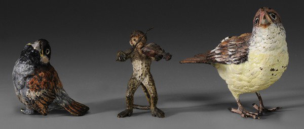 Three Vienna Bronzes: "Songbird, 2-7/8 in., [missing one toe, possible paint retouch;] Songbird, Bergmann mark, 1-3/4 in., [missing legs, glue residue;] Monkey Playing Violin, Schultz mark, 2-1/8 in., [violin bow bent,] al