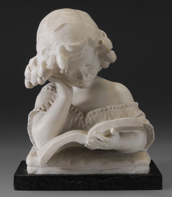 American School: "(early 20th century) Girl Studying the Alphabet, unsigned, alabaster on green marble base, 13-1/2 x 11 x 7-1/2 in., abrasions, grime, chips "