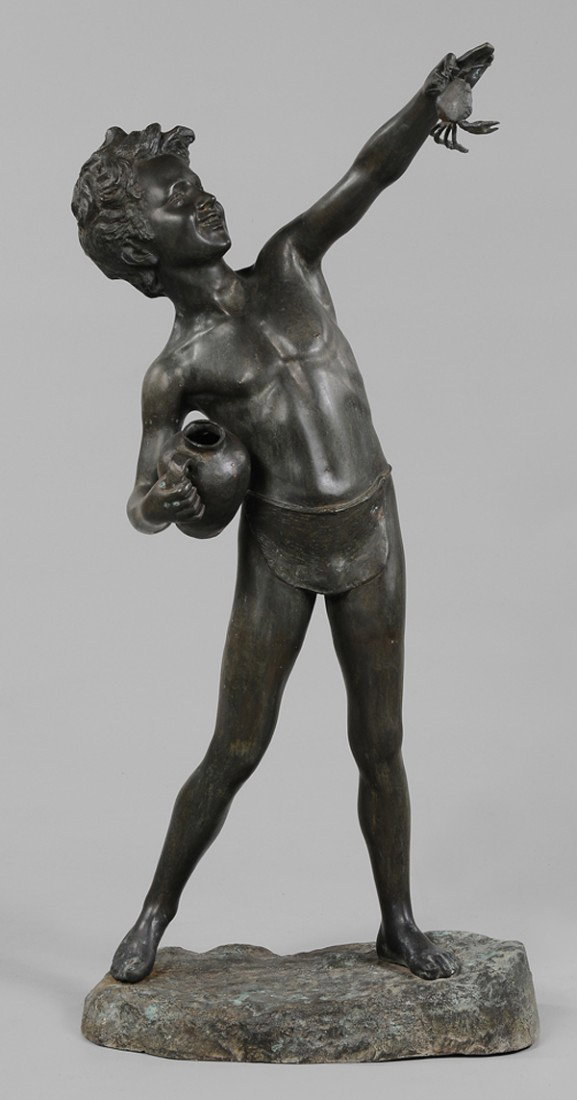 After Giovanni De Martino: "(Italian, 1840-1935) Boy With Crab, signed ""De Martino"", patinated bronze, 20th century casting, 47-3/8 in., casting flaw on finger, some pitting and corrosion "