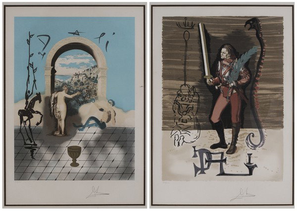 Salvador Dali: "(Spanish, 1904-1989) Two color lithographs from [Dali Discovers America,] 1979, edition of 250: Gateway to the New World of Gala, and Christopher Columbus Discovers America, color lithographs, 29-1/2