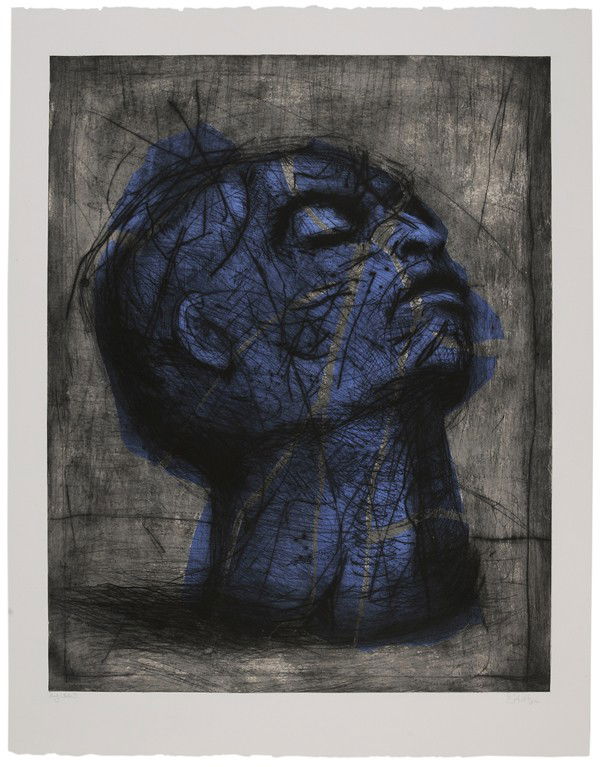 William Kentridge: "(South African, born 1955) Blue Head, 1993-1998, artist's proof, state 3, signed lower right in pencil ""W. Kentridge"", hand-colored drypoint etching and aquatint with two hand-painted plates on Vel