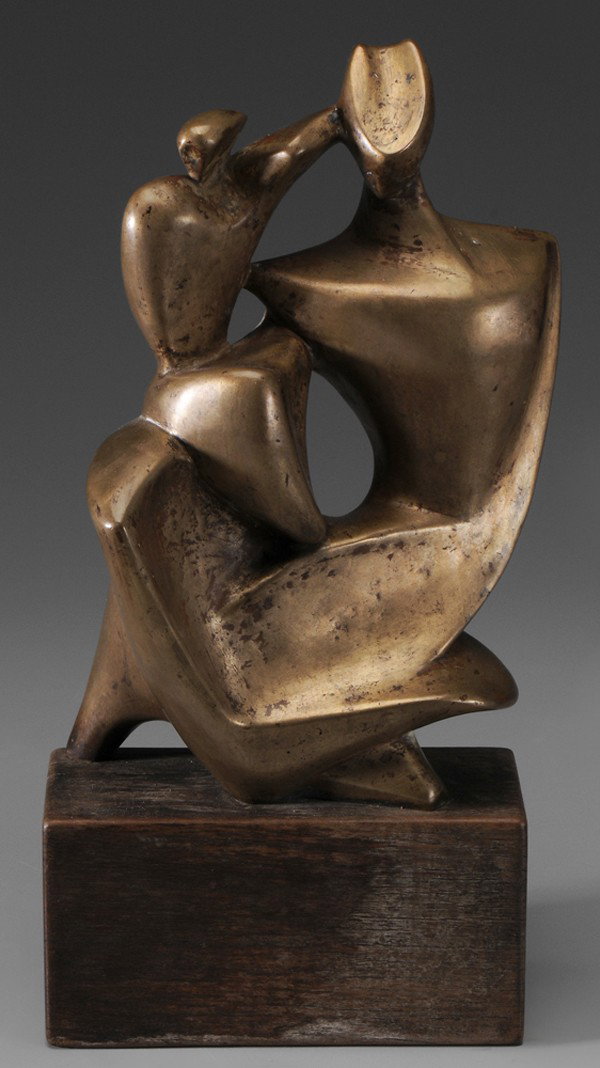 Zoltán Borbereki Kovács: "(Hungarian, 1907-1992) Mother and Child, signed ""Z. Borbereki 1963"", patinated bronze with aged wood base, 15-1/2 x 7-1/2 x 5 in., good condition Provenance: Property of a South African Collector "
