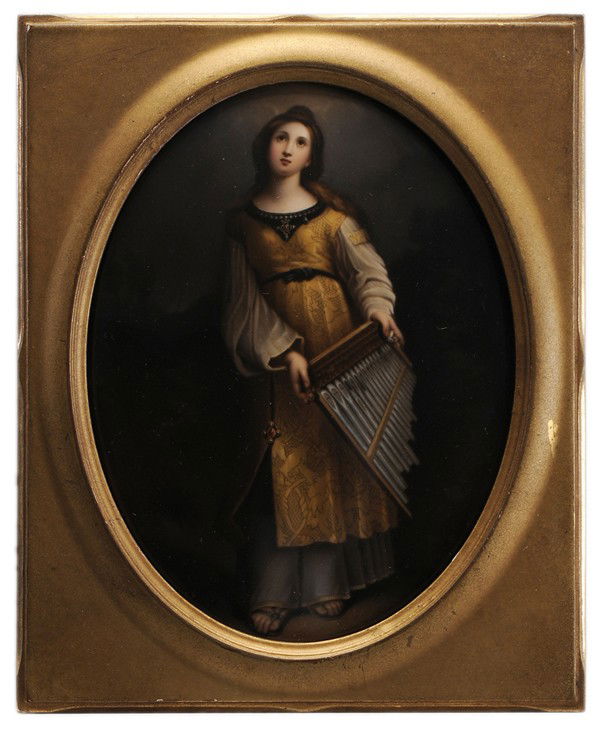 KPM Porcelain Plaque: "(German, late 19th/early 20th century) St. Cecilia, stamped verso ""KPM"" with scepter, ""H"", ""4"", incised ""A"", hand-painted porcelain, 9-1/8 x 6-3/4 in.; gilt wood frame, surface chip on right