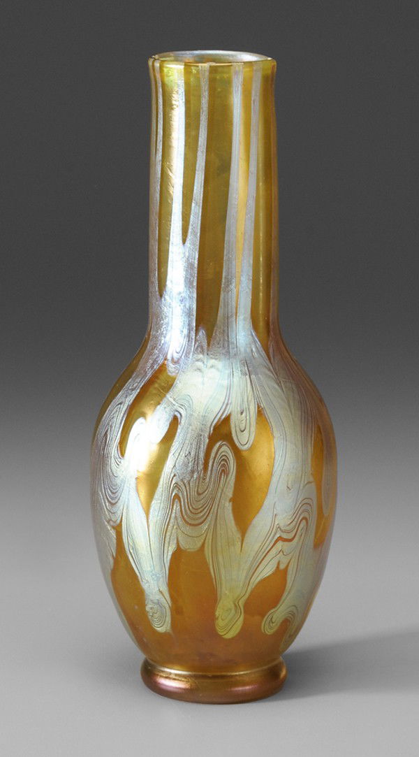 Fine Loetz Art Glass Vase: Austrian, late 19th/early 20th century, bottle shape with iridescent pale blue designs on amber ground, base marked "Loetz Austria", 8-1/2 in., excellent condition, minor surface anomalies as made, in