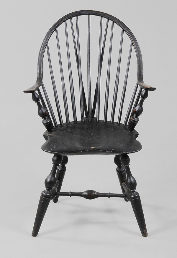 American Continuous-Arm Brace-Back: "Windsor Chair New York, branded signature ""W. MacBride N. York"", late 18th century, in old dry paint, 36 x 22-1/2 x 22 in., legs ended out approximately 5 in. and one side stretcher replaced, old b