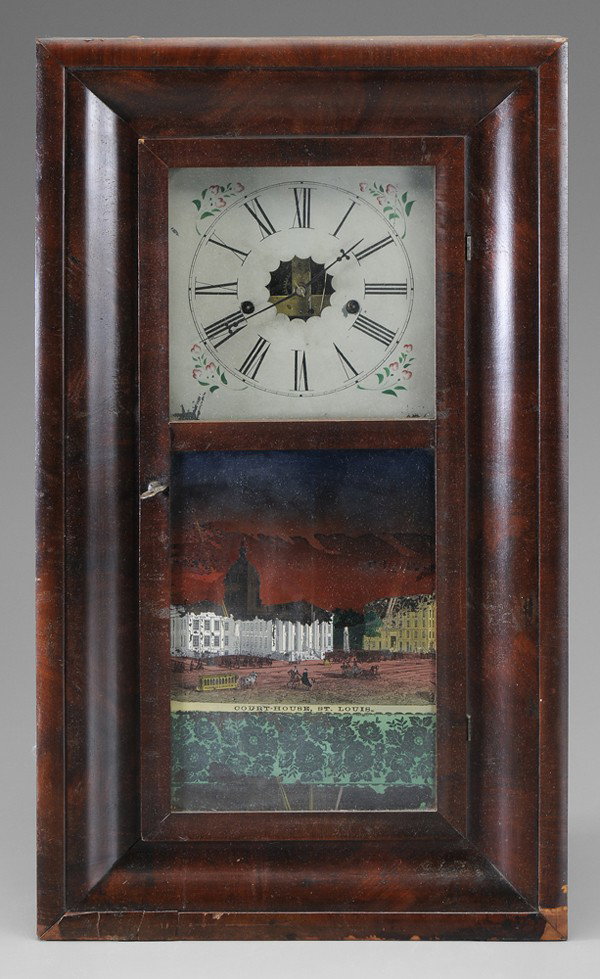 E. N. Welch Shelf Clock: Forestville, Connecticut, 19th century, ogee mahogany veneer case border, original hand-painted face, brass works, original reverse-painted door with "Court-House St. Louis", original label "E. N. Wel