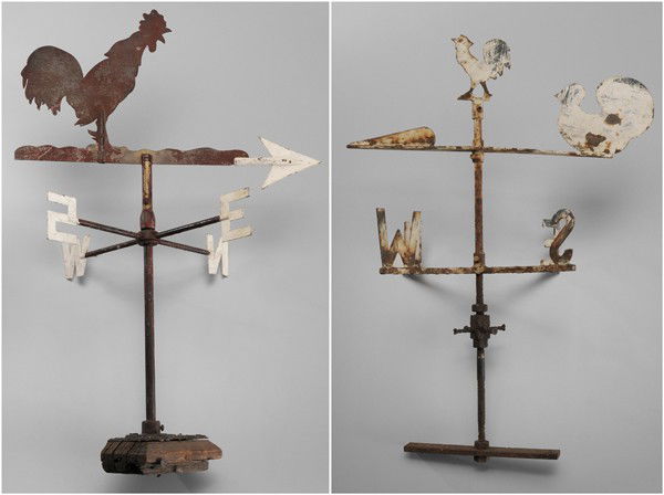 Two Weathervanes: American: one steel, top with rooster and hen, white paint, early 20th century, 21 in., [paint loss, scattered rust;] one copper with rooster finial above white-painted directionals, traces of old red