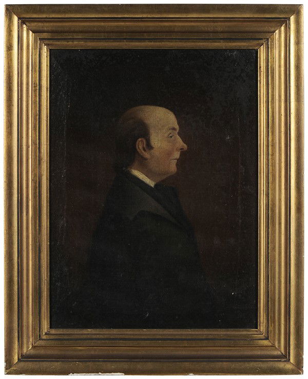 American or British School: "(19th century) Profile Portrait, man facing right; unsigned, oil on canvas, 16-3/4 x 12-1/2 in.; gilt wood frame, crackle, abrasions, stretcher marks, grime, canvas loose, yellowed varnish; frame wit