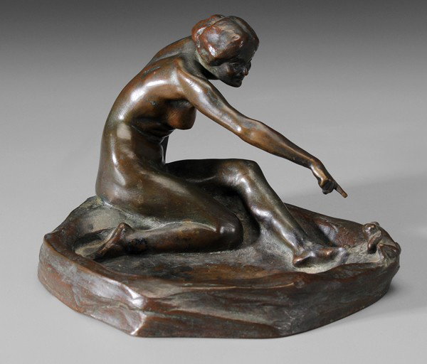 Harriet Whitney Frishmuth: "(New York, 1880-1980) Girl With Frog, 1910, #19, signed ""Harriet W. Frishmuth Copyright 1910"" and stamped ""Gorham Co FOUNDERS OEH"", patinated bronze, 4-1/2 x 6-5/8 x 6-3/4 in., green to brown pat