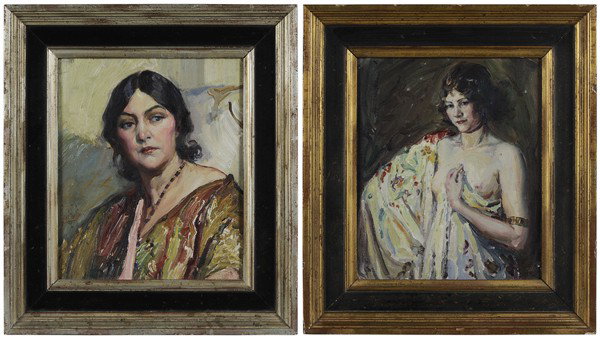 Glen C. Sheffer: "(Illinois, 1881-1948) Two paintings: Lenore, signed lower left ""Glen C. Sheffer"", 12 x 10 in.; Spanish School, unsigned, 11-7/8 x 10 in., [crease upper left corner, flaking lower right,] both oil o