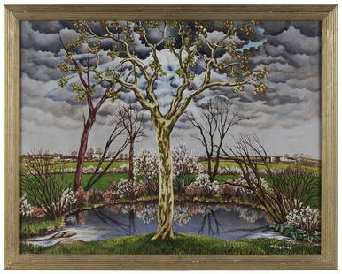 Molly Luce: "(Rhode Island/New York, 1896-1986) Untitled, spring landscape, signed lower right ""Molly Luce"", oil on canvas, 22 x 28 in.; restretched on tension stretcher, light grime; gilt wood reeded cushion f