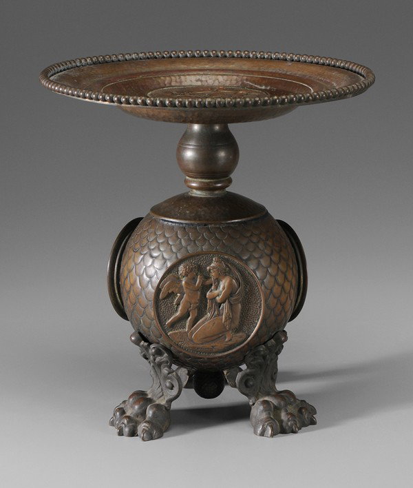 Neoclassical Copper Card Receiver: late 19th/early 20th century, copper with circular plate with hammered, Roman style ground and large relief medallions, 10-1/2 in., plate loose on shaft, old unpolished surface