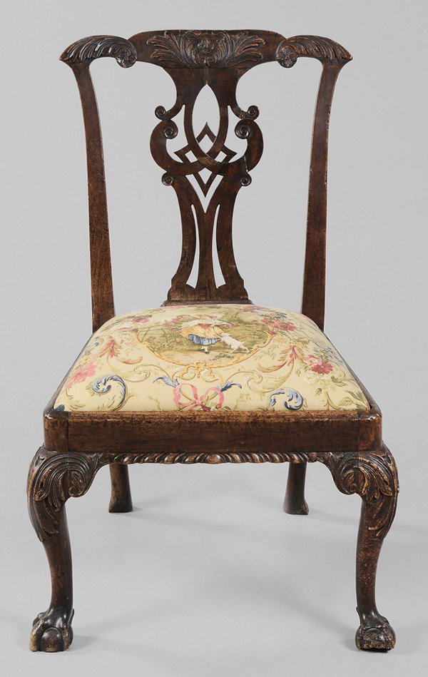 Chippendale Carved Mahogany Side Chair: British, third quarter 18th century, mahogany throughout with carved splat and knees, 37-1/2 x 24 x 22-1/2 in., [breaks and repairs to splat, pest damage with associated losses to feet, other repairs;