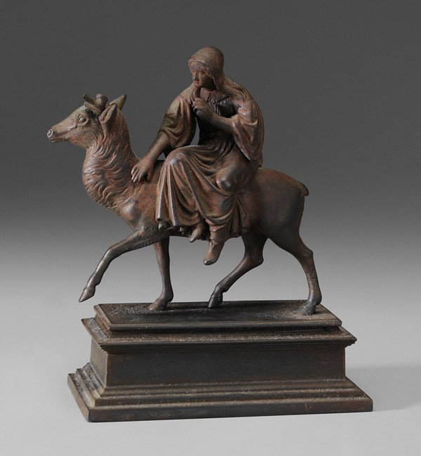 Russian School: "(early 20th century) Figure on Back of Elk, unsigned, iron, 6-7/8 in. including base, lacking antlers, rust Provenance: Property of a Lady, Paris, France "