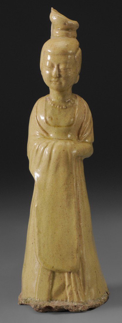 Pottery Tomb Figure: Chinese, Tang or Tang style, straw-glazed figure of court lady, 10-1/2 in., chips to headdress Provenance: Estate of the late Patrick H. Booth, Jr., Petersburg, Virginia