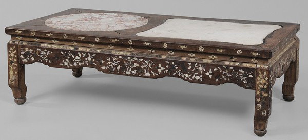 Mother-of-Pearl and Stone-Inset Low: "Hardwood Table Chinese, top set with circular and cartouche stone insets, frame with mother-of-pearl bats, fruit and birds, 14 x 46 x 11 in., cracks and shrinkage separations to top, extensive losses