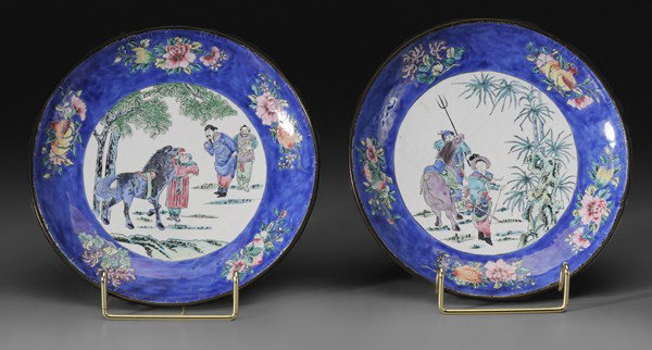 Pair Canton Enameled Metal Plates: Chinese, figural scenes and auspicious motifs, pomegranates, Buddhist finger, verso with spurious four-character reign mark of Qianlong, each 7-1/2 in., minor repairs to enamel, minor loss at rim and 