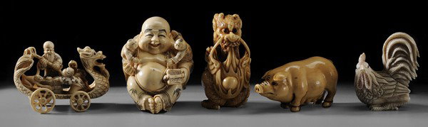 Five Japanese Style Netsukes: Chinese, 20th century, inked ivory, all signed with art name, motifs include dragon with flaming pearl; Hotei with children, pig, wheeled dragon cart with symbol for longevity, rooster, 1-5/8 in. to 2