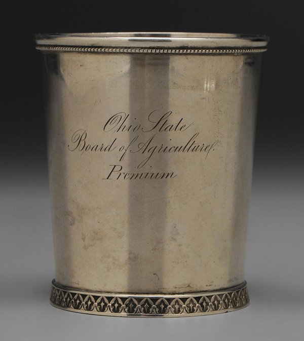 Ohio State Agricultural Coin Silver: "Mint Julep American, 19th century, bead and arabesque borders, marks for Blynn & Galdwin (Cincinnati, Ohio, circa 1850), inscribed ""Ohio State/Board of Agricultural./Premium"", 4.89 oz.T., 3-3/4 x 3
