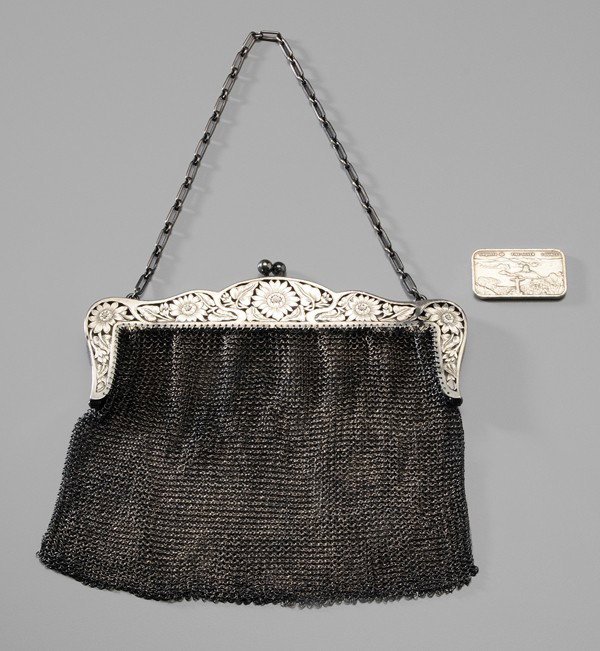 Sterling Mesh Purse, Silver Ingot: American, 20th century: purse with openwork frame, interior inscription "Mrs. M. C. Meehan 248 E. 62 N.Y. City", monogram, 6 x 6-1/2 in., [dent;] silver ingot, "Degussa", 1-5/8 x 1 in., [wear,] 7.89 o