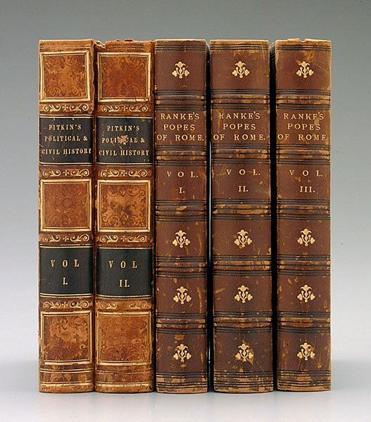 Five leather-bound books: Ranke's Popes, three volumes with full-leather bindings, "The Popes of Rome" by Leopold Ranke, London, John Murray, 1866, fourth edition, spines and corners rubbed with small chips, front papers foxed