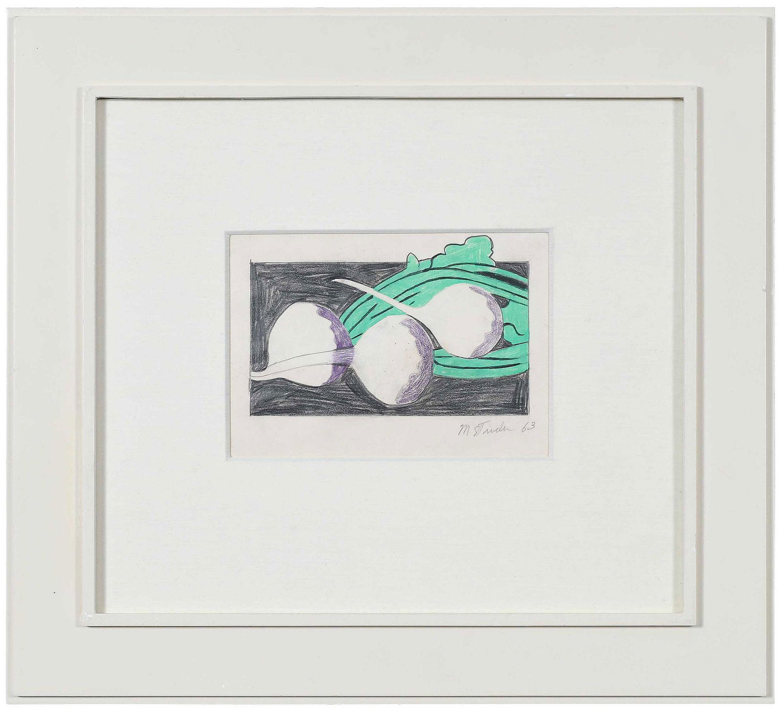 Marjorie Strider: (New York/Oklahoma, 1934-2014) Study for Turnips VI, 1963, signed lower right "M. Strider 63", crayon on paper, sight 6-1/8 x 8-3/4 in.; white painted frame, 19-1/4 x 21-1/4 in. Exhibited: Hollis Tagg