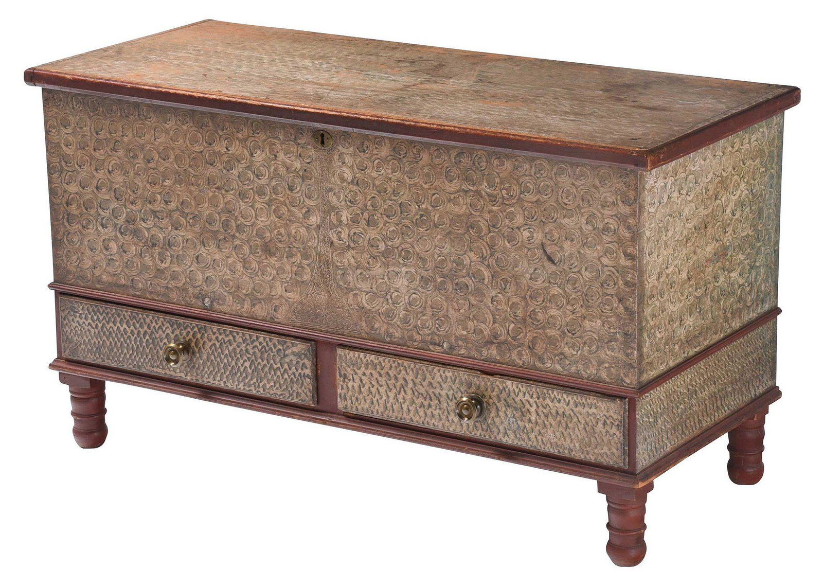 Pennsylvania Paint Decorated Lift Top Blanket Chest: inscribed and dated "Andrew Shayer, 1828", decorated overall in swirling blue green paint with brick red moldings and feet, open interior with lidded till, original iron strap hinges, white pine, yell