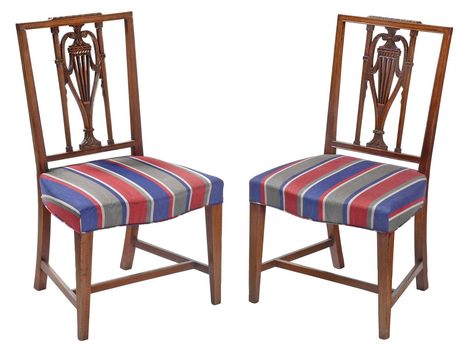 Fine Pair Philadelphia Federal Carved Mahogany Side Chairs: circa 1800, "racket back" form with finely carved backs, serpentine front seat rails, inlaid tapered legs with stretchers, striped silk upholstery, 35-3/4 x 20-3/4 x 19 in. Provenance: Skip Chalfant; 