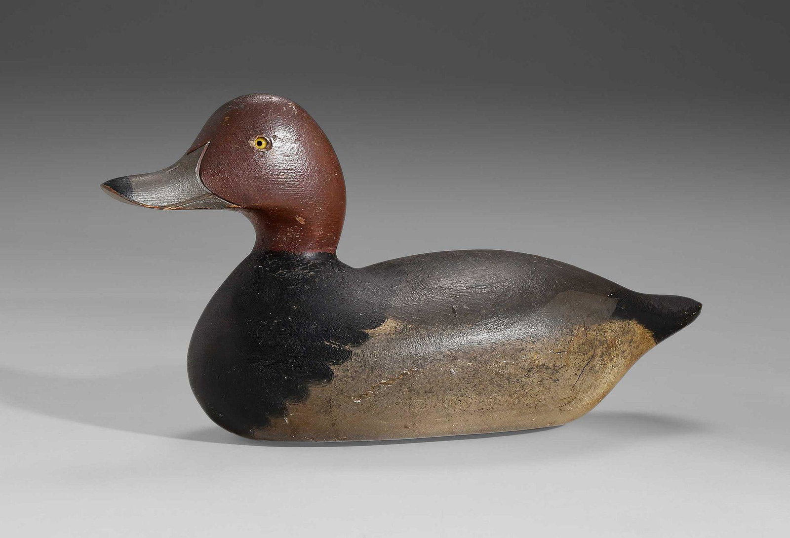 Mason Decoy Factory Challenge Redhead Drake: Detroit, Michigan, circa 1910, Challenge Grade, round bottom style, strong paint, incised at base of bill, glass eyes, Sotheby's sticker on base with collector's stamp, 7-1/4 x 14 x 5-1/2 in. Provenan