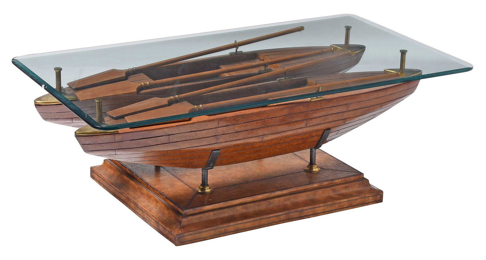 Maitland Smith Double Dory Glass Top Cocktail Table: late 20th century, glass top over two boat form supports with brass mounts and loose paddles, on leather upholstered rectangular base, 18 x 28 x 50 in. Provenance: Collection of Jean and Jim Barrow