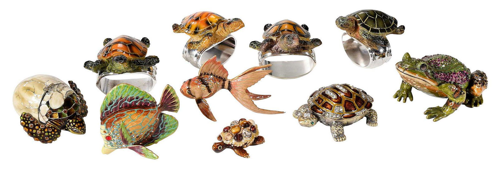 Group of Ten Aquatic Animal Themed Table Objects: 20th century, comprising: six jeweled and enamel Jay Strongwater objects, one frog form box opening to clock, three turtle form boxes, and two fish form decoration, most stamped "Jay Strongwater" to b
