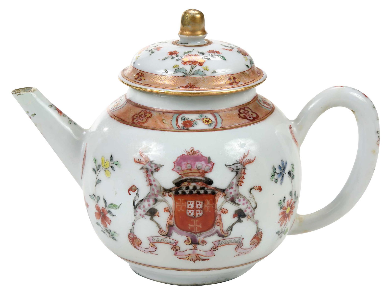 Chinese Export Porcelain Armorial Teapot, Verney and Heath: circa 1720, with coat of arms Verney with Heath in pretense, banner reading "Vertue Vaunceth", rouge de fer and gold decoration, lid in matching design, 5-3/8 x 7 in. Note: Similar example pictured in